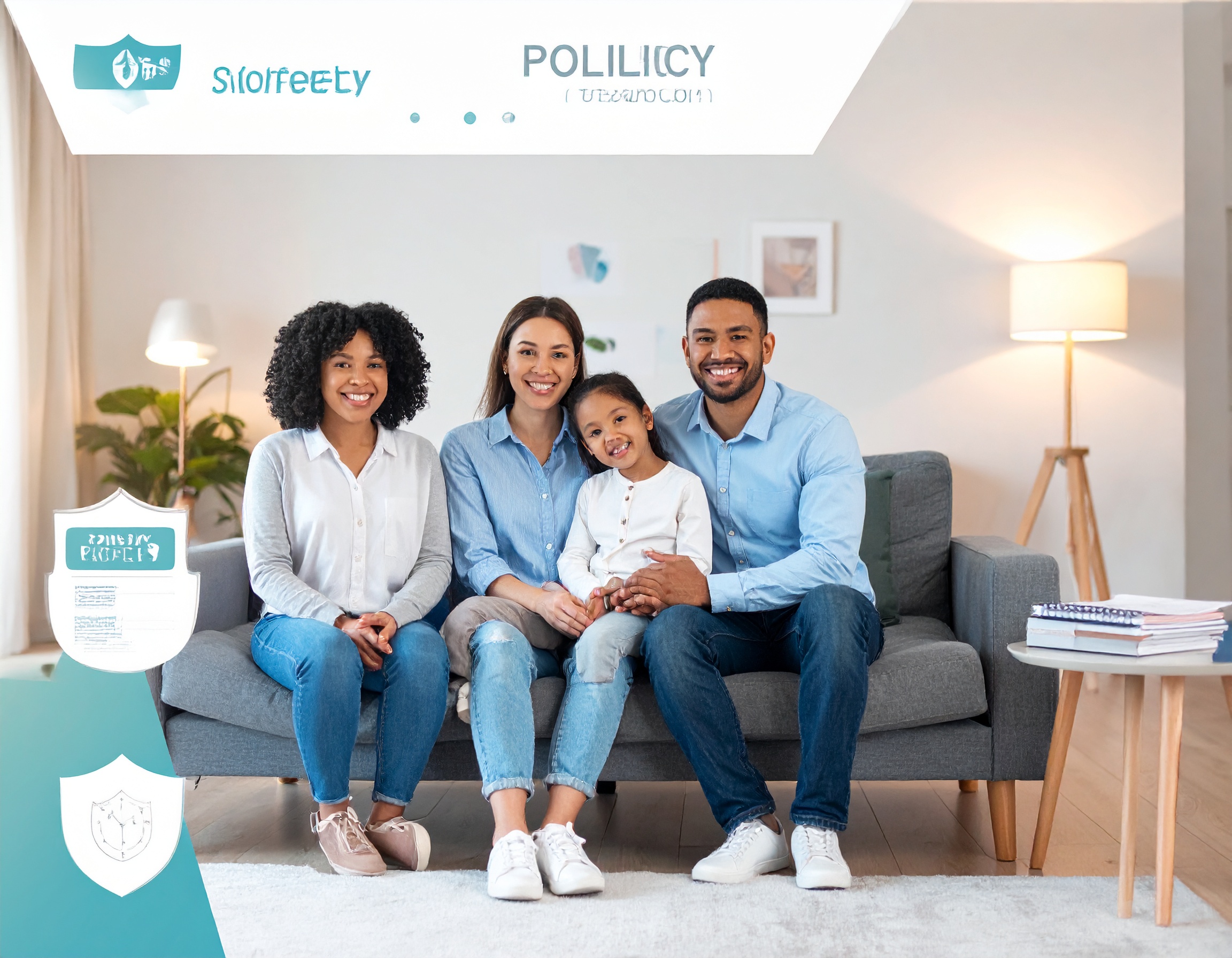 Family feeling secure and protected, with icons representing accidental death insurance policy and financial safety, accented with copper tones for warmth and connection.