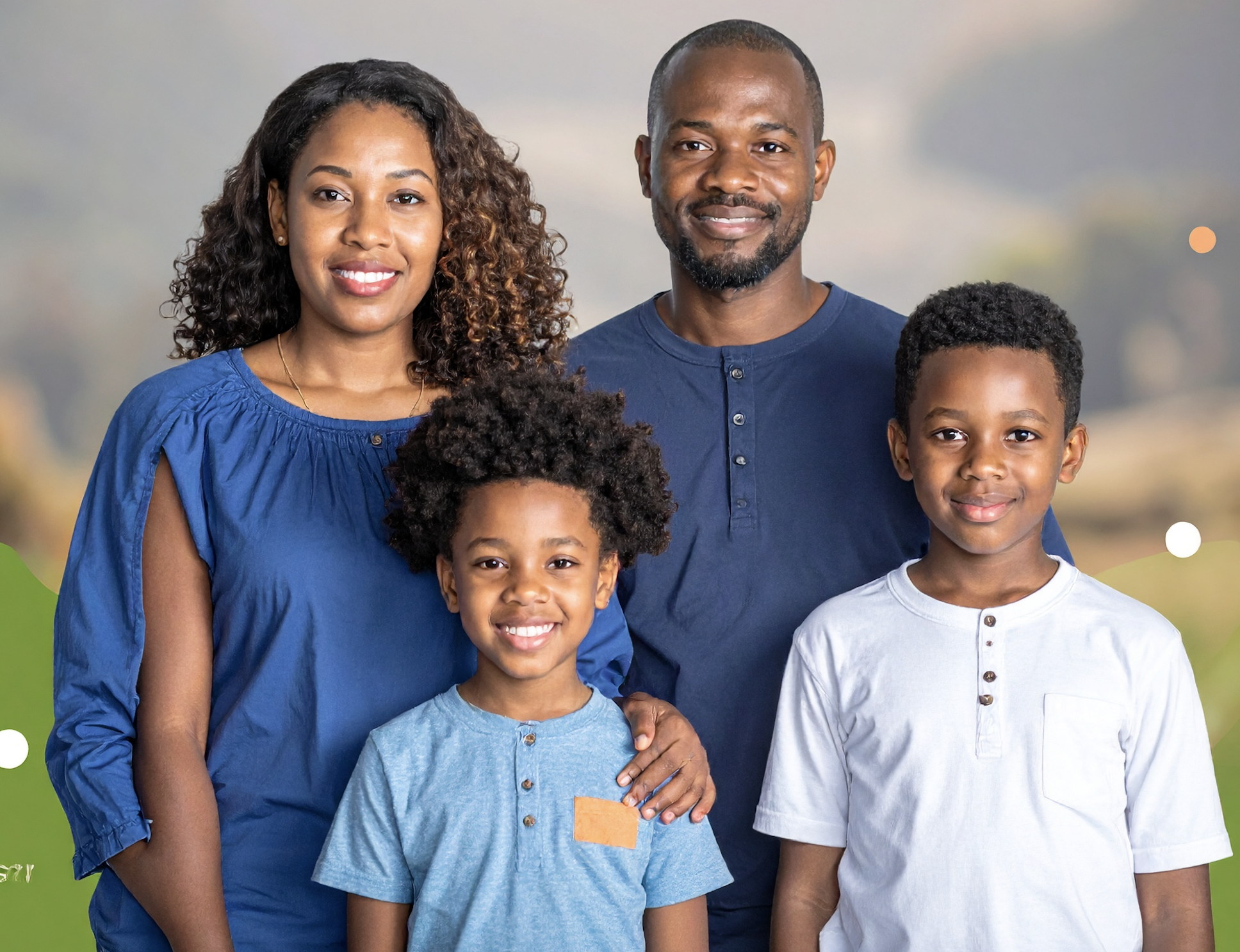 Free your time for your family Diverse American Indigenous people with copper-toned skin in a modern, professional lifestyle setting, symbolizing financial security, protection, and well-being. The image uses a cohesive color palette of blues, soft greens, white, and copper accents.