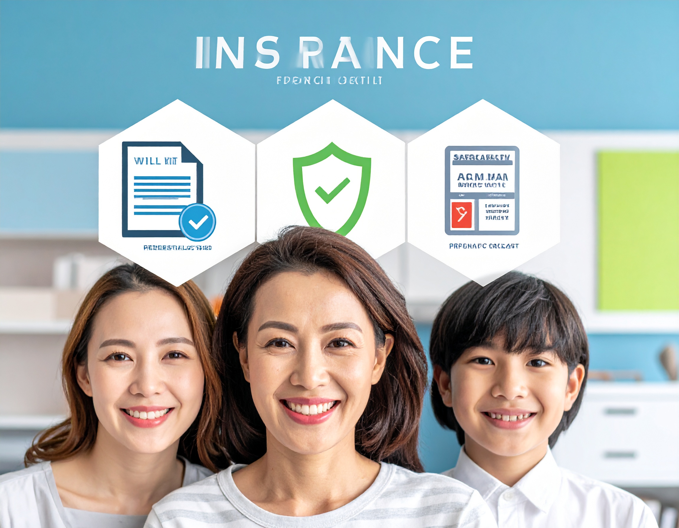 Top 4 free insurance resources including Will Kit, Family Protection Plan, Accidental Death Policy, and Prescription Discount Card, shown with families feeling secure and protected.