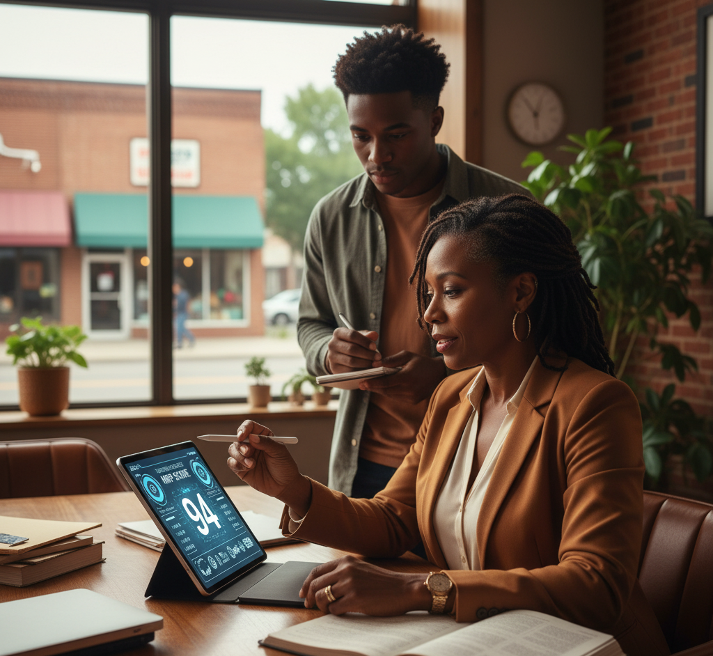free your time business owner with locs reviewing MDP Score dashboard with apprentice, assessing leads, time, and business results.