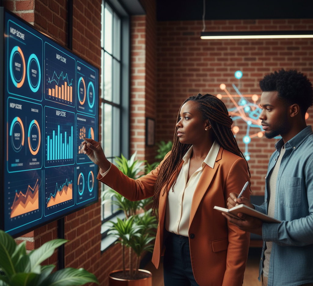 free your time entrepreneur with natural hair tracking business performance on MDP dashboard, adjusting strategy, with apprentice observing.